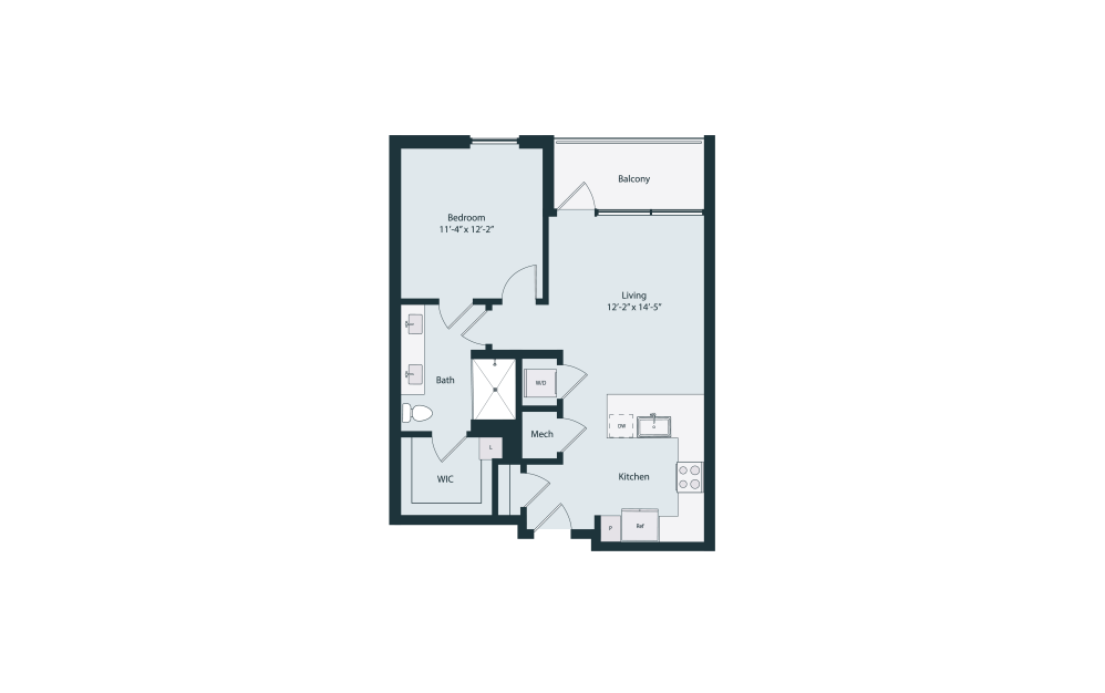 Capella A1-1 - 1 bedroom floorplan layout with 1 bathroom and 747 square feet (2D)