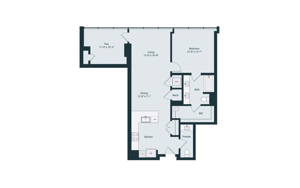 Capella A4-2 Flex - 1 bedroom floorplan layout with 1.5 bathroom and 1100 square feet (2D)