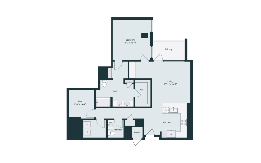 Capella A4-3 Flex - 1 bedroom floorplan layout with 1.5 bathroom and 1191 square feet (2D)